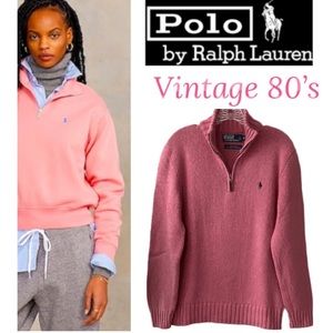 Polo Ralph Lauren Vintage 80’s Sweater Zip Up Mock Neck Rose Color Size Medium